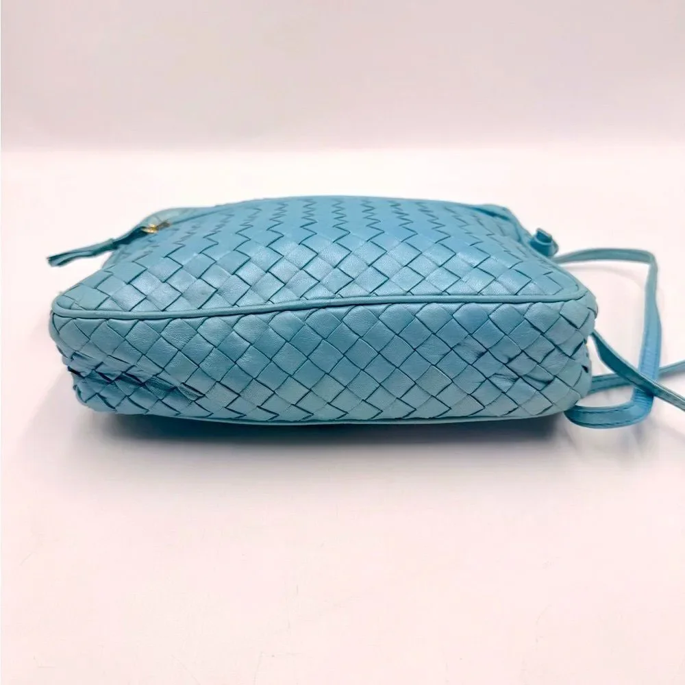 Auth Bottega Veneta Metallic Blue Intreciatto Camera Crossbody Shoulder Bag